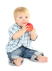 Little boy with red apple, isolated on white