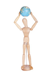 Wooden dummy figure holding earth in hands
