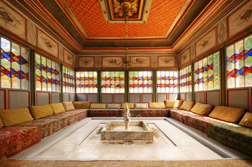 Crimea khan palace interior room with sofa and fountain