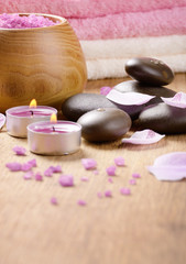 Spa lavender salt set on the wooden table with  copy-space