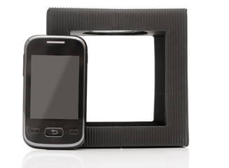 Smart phone on white background with black box