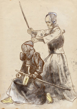 Budo, Japanese martial art - watercolor imitation, old paper