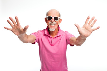 Funny expressive senior man with sunglasses. Isolated. - obrazy, fototapety, plakaty