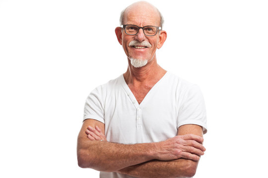 Casual dressed senior man with glasses. Isolated.