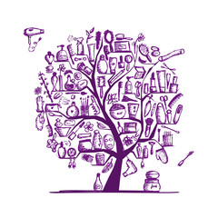 Cosmetics and female accessories on tree for your design