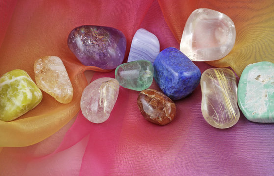 Chakra gemstones on Rainbow Chiffon