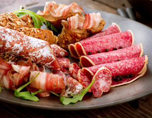 Sausage. Various Italian Ham, Salami and Bacon.  Meat Food