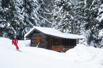 Unidentifiable skier passing a wooden cabin near a forest slope