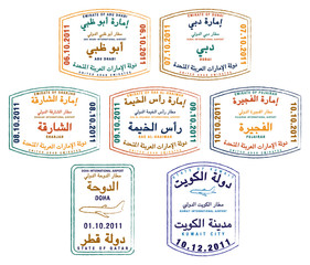 Naklejka premium Passport stamps of the United Arab Emirates, Kuwait and Qatar