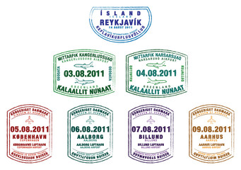 Passport stamps from Iceland, Greenland and Denmark