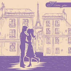 Photo sur Aluminium Illustration Paris Heureux couple amoureux sur fond de rue de Paris