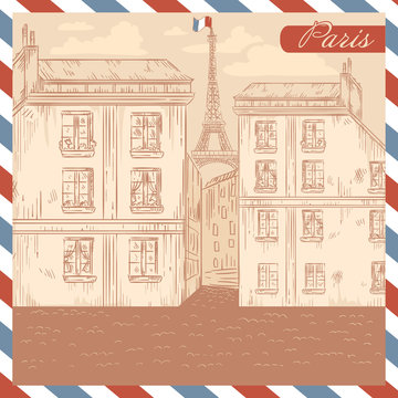 Retro-styled France postcard on air mail frame background