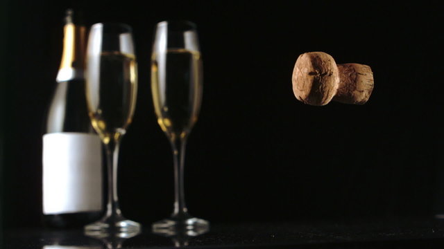 Champagne cork falling in front of two glass flutes and bottle