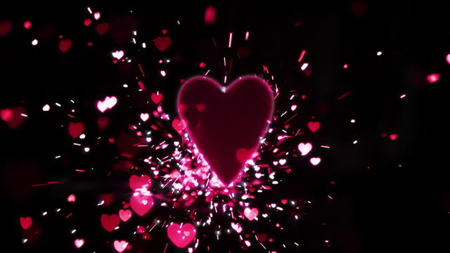Pink heart confetti and sparks flying against pink heart