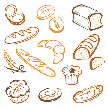 Backwaren, B&auml;cker, B&auml;ckerei, Brot, vector set