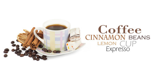 Cup of coffee with ingredients on a white background