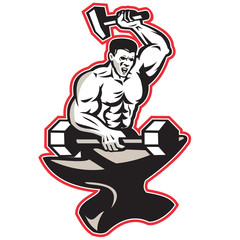 Blacksmith With Hammer Striking Barbell on Anvil