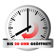 Uhr zeigt Öffnungszeit 20 Uhr