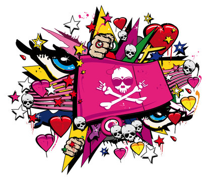 Crossbones skull flag pink graffiti flag street art valentine
