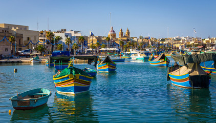 Colourful fishing boats in Marsaxlokk - obrazy, fototapety, plakaty