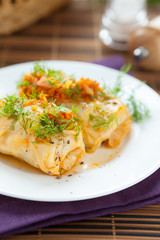 cabbage roll stuffed with rice on white plate