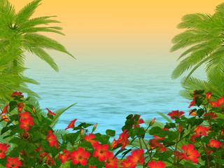 Fototapeta na wymiar Palm trees und hibiscus flowers frame