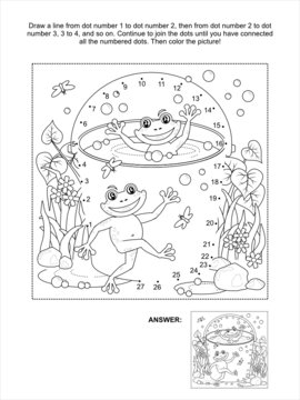 Dot-to-dot and coloring page with happy frogs