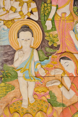 Obraz na płótnie Canvas Narodziny małego Buddy starożytnej kamiennej inskrypcji (ponad 100 y