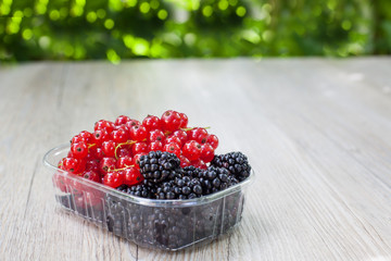 Bowl with different berries - red currant and blackberry