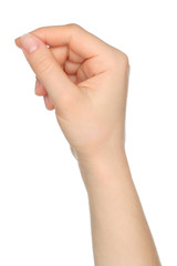 Woman hand like holds charge card on white backround.