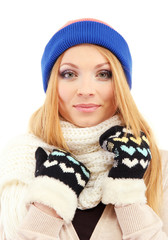 Young beautiful woman wearing winter clothing, isolated on