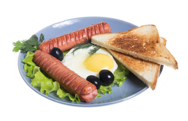 breakfast with sausages, toast and egg