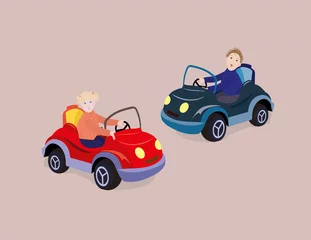 Foto op Plexiglas Meisje en jongen rijden in speelgoedauto& 39 s © ljubinkaf