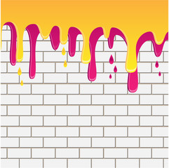 yellow and lilac paint flowing down on a white brick wall