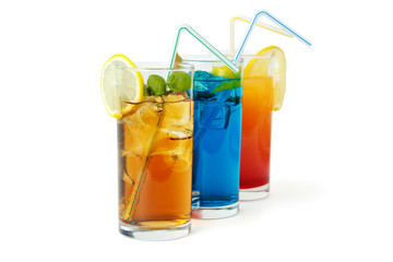 Three famous long drinks, isolated with shadow