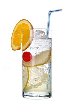 Long Drink Tom Collins With Orange Slice , Isolated