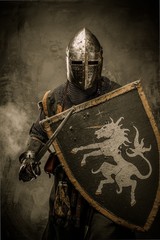 Medieval knight with sword and shield against stone wall - obrazy, fototapety, plakaty