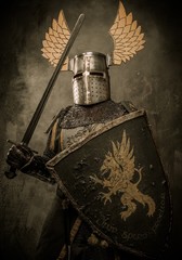 Medieval knight with sword and shield against stone wall