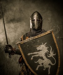 Medieval knight with sword and shield against stone wall