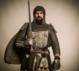 Medieval knight with sword and shield - obrazy, fototapety, plakaty