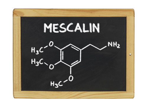 chemische Strukturformel von Mescalin auf einer Schiefertafel