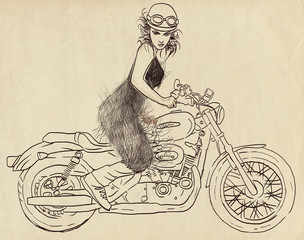 Vintage theme: Woman posing on a powerful motorcycle