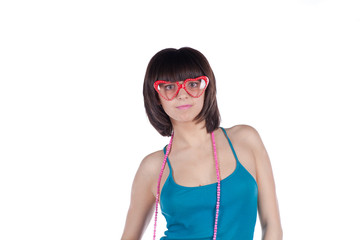 young woman with dark hair in fun glasses