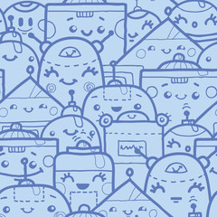 Vector cute doodle robots seamless pattern background with hand