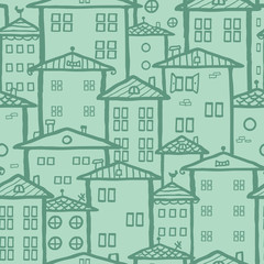 Fototapeta premium Vector doodle town houses seamless pattern background with hand