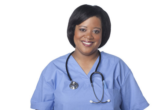 Smiling nurse in scrubs with stethoscope
