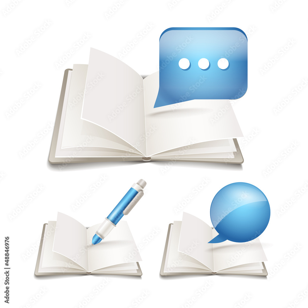 Poster open paper book with pen and speech clouds collection