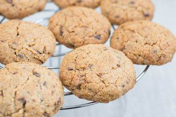 Chocolate chips cookies cooling on a wire rack