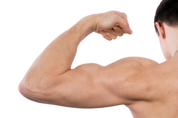 Flexing biceps isolated on white