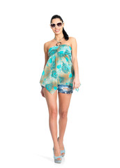 fashion woman in green dress isolated